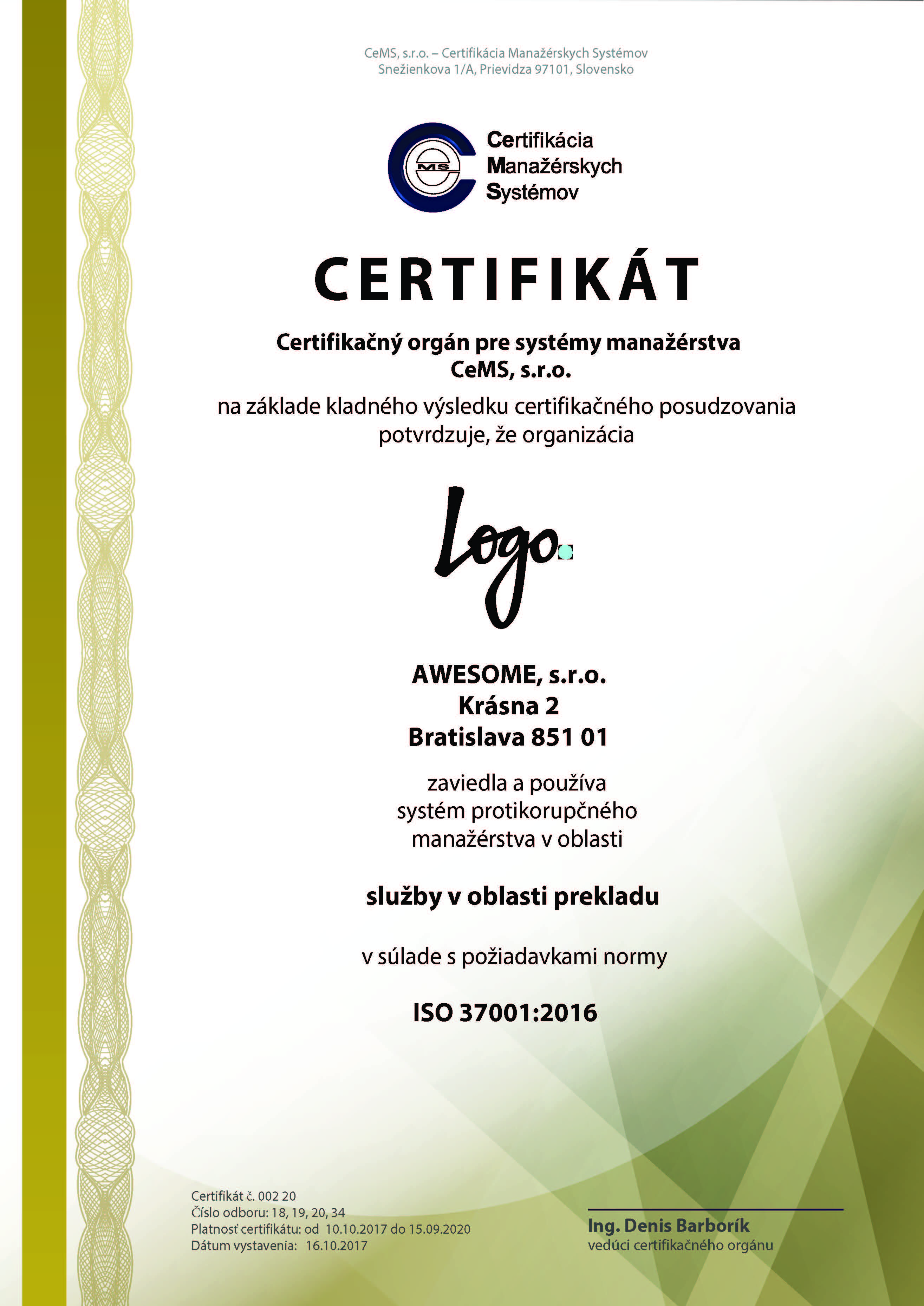 vzor certifikátu ISO 9001 od CeMS